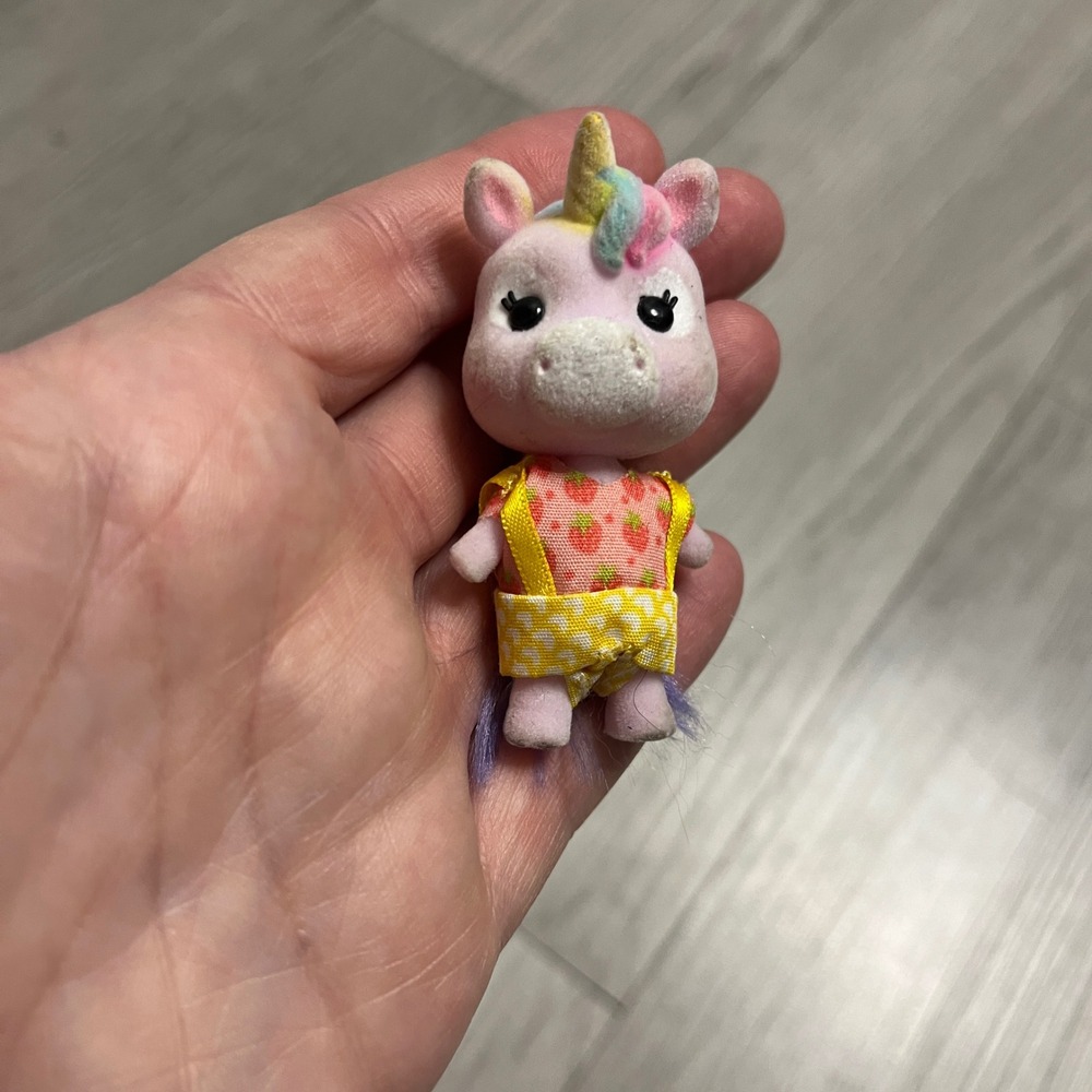 Flocked Pink Unicorn Miniature Figure Strawberry Outfit Rainbow Horn Purple Tail